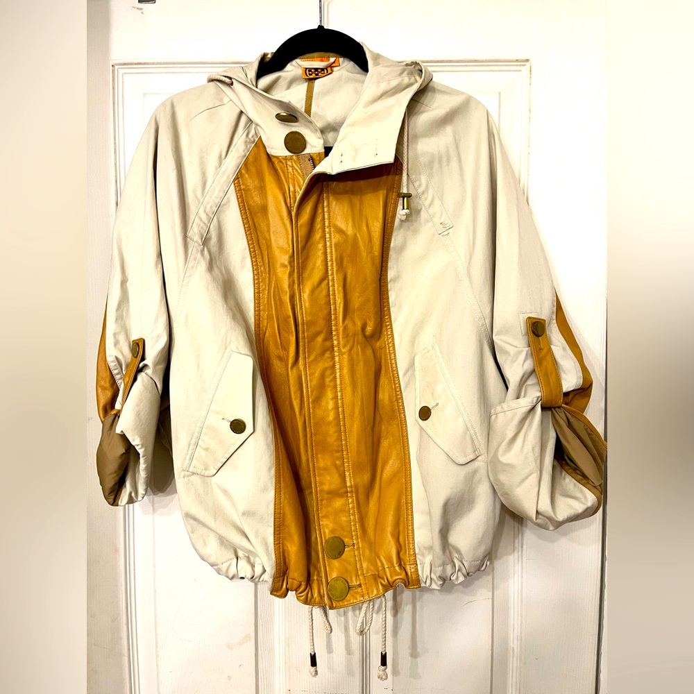 Tory Burch genuine leather and fabric hooded Katrina jacket